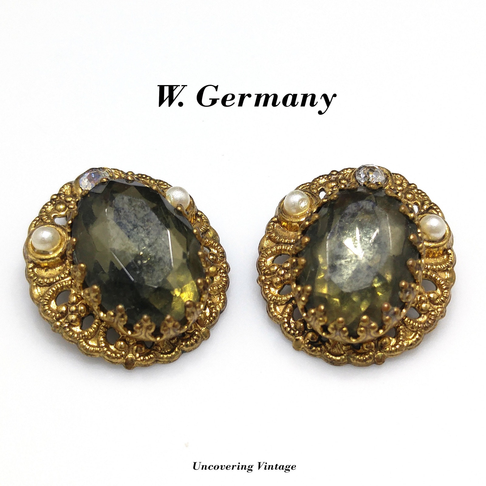 West Germany Gray Green Clip Earrings Clear Glass Faux Pearls 1950s Vintage 55$